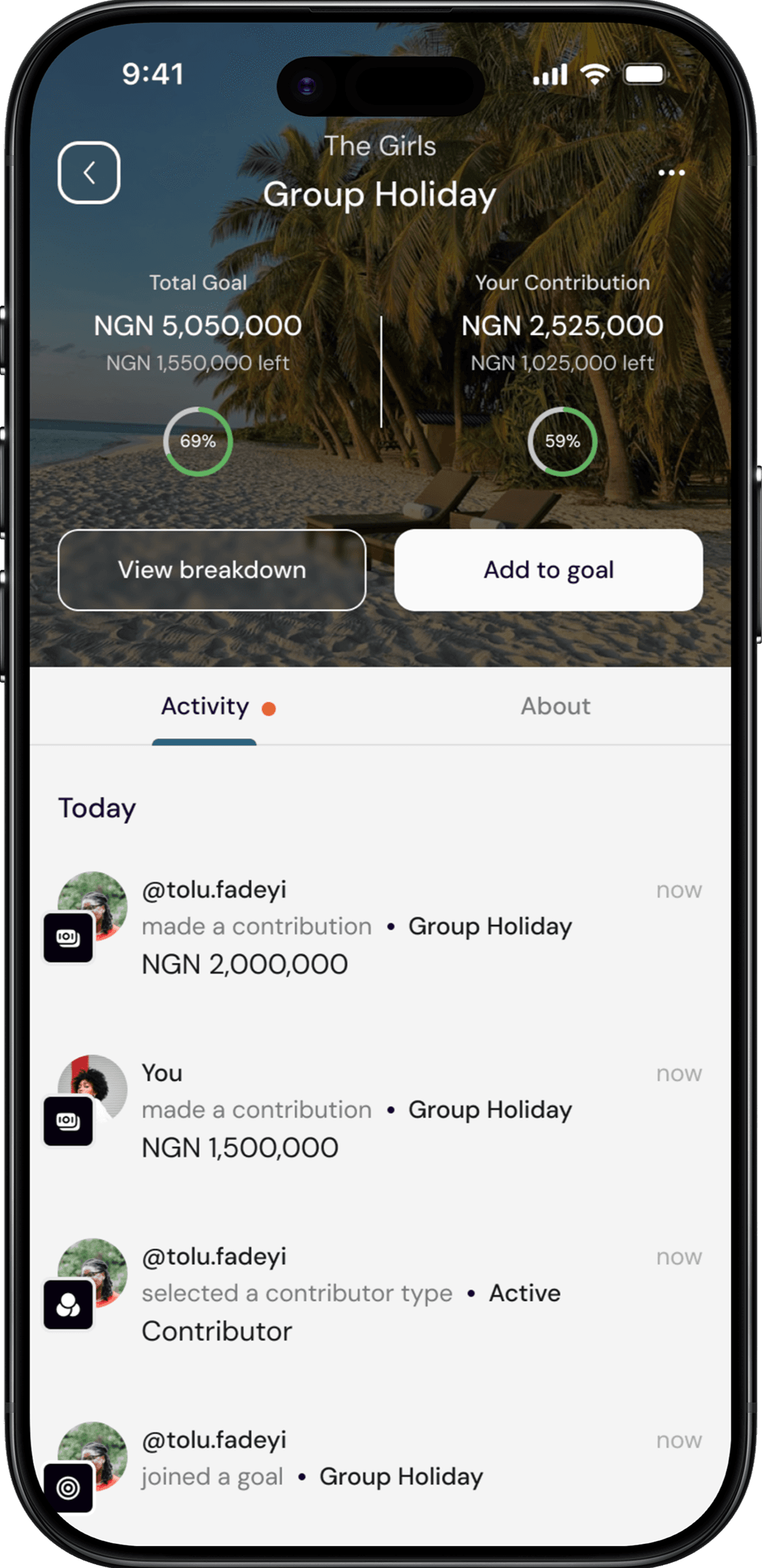Kova group wallet shown on an iPhone — group goal, contributions, and live activity feed